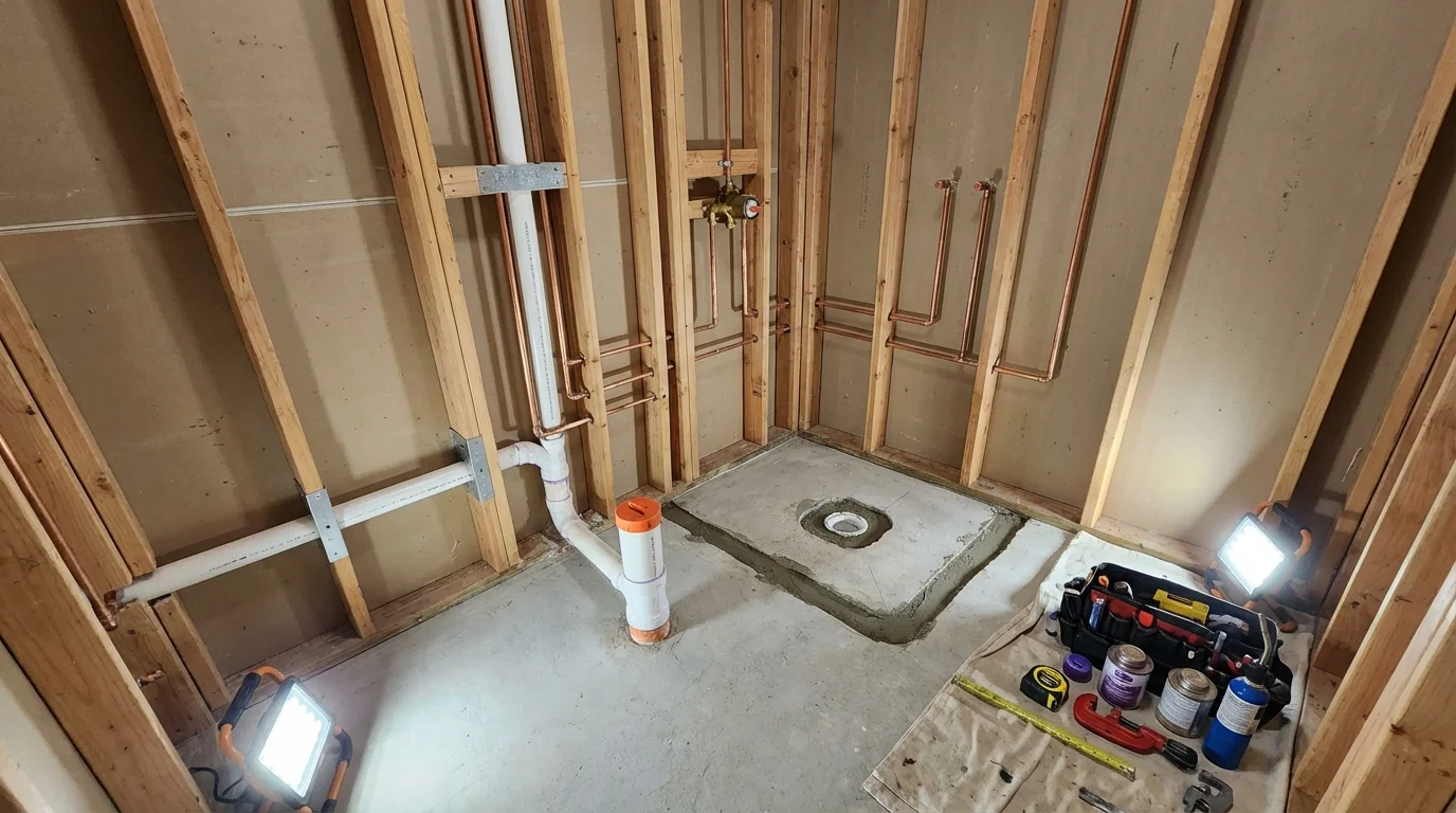 Bathroom rough-in plumbing during remodel by Johns Plumbing LLC in Morocco