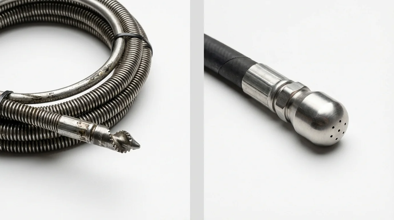 Drain snake cable and hydro jetting nozzle used for drain cleaning in Morocco, IN