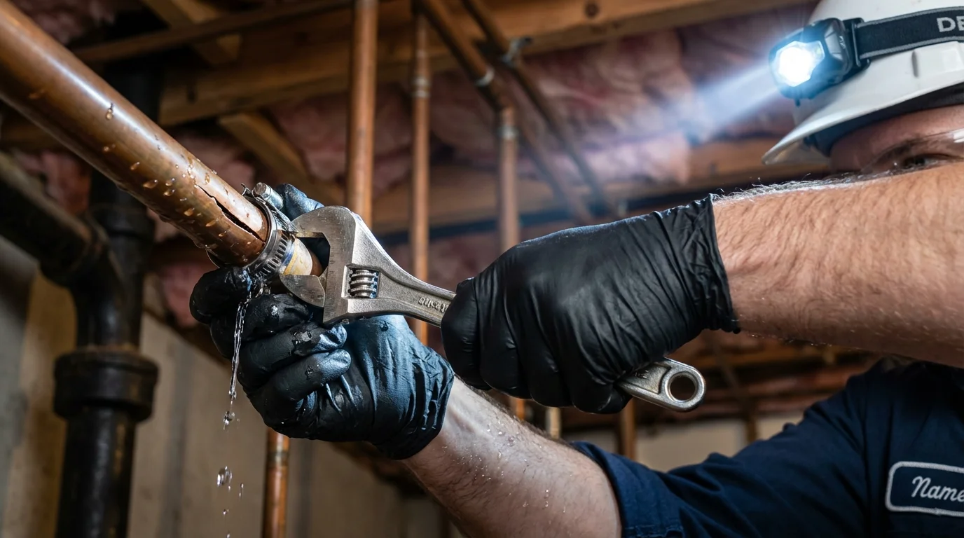 Emergency pipe clamp repair being performed by a Johns Plumbing LLC plumber in Morocco
