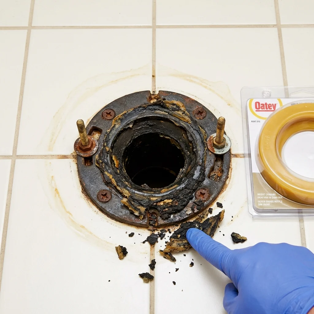Failed wax ring showing water seepage at the base of a toilet in a Morocco, IN home
