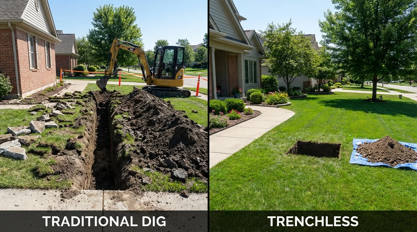 Trenchless sewer repair with minimal yard damage versus traditional excavation in Morocco, IN