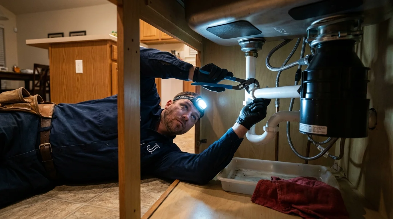P-trap and supply line connections under a kitchen sink showing a common leak point in Morocco, IN